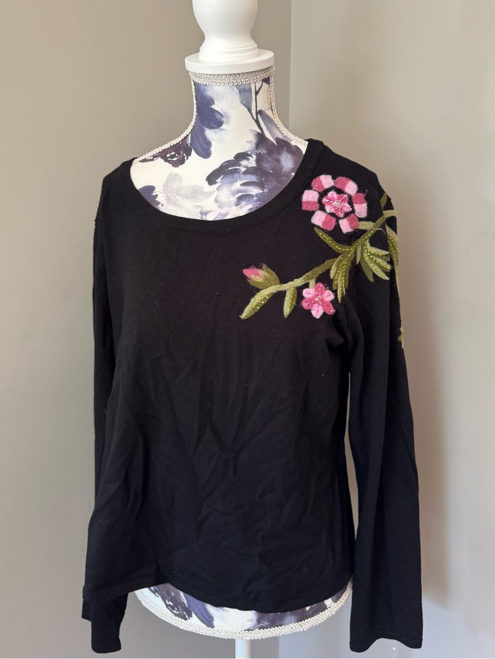 Vintage Valenti Black Long Sleeve Top With Floral Embroidery On The Shoulder